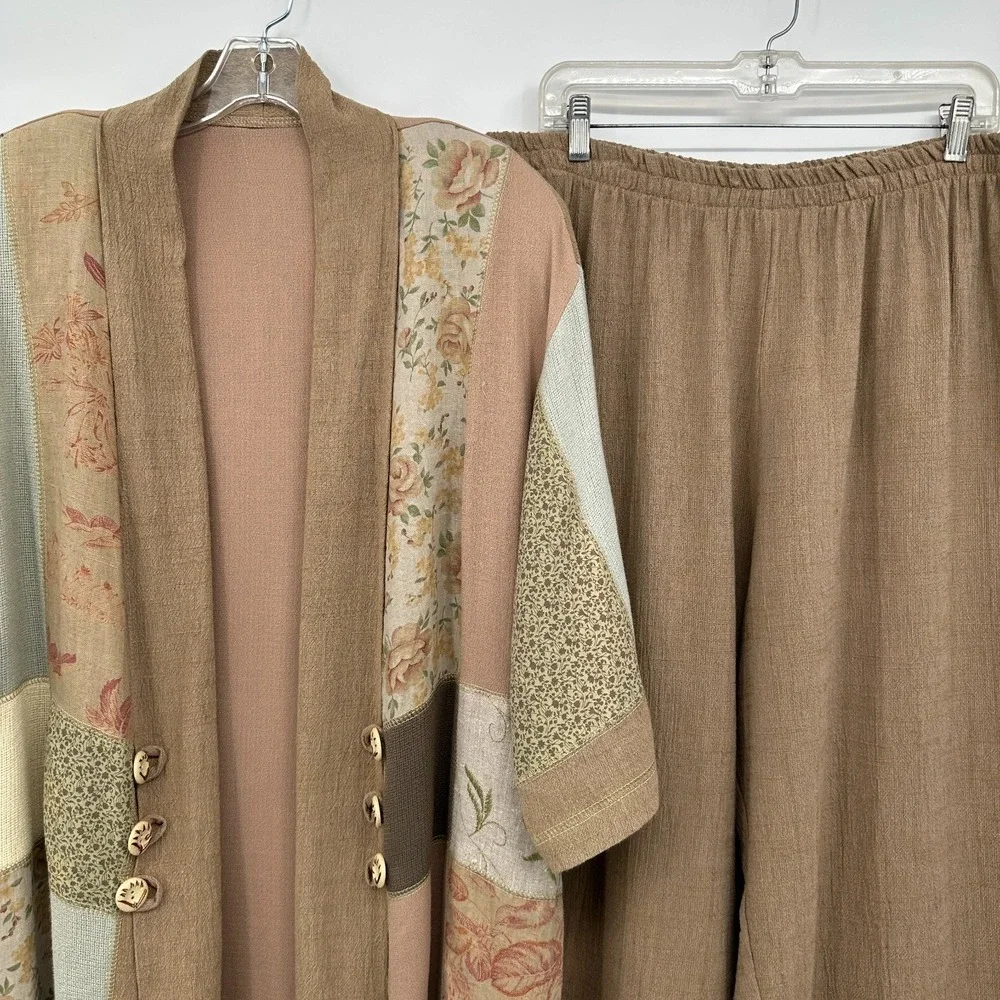 Vintage Spencer Alexis Jacket Pant‎ Set 2X Linen Blend Lagenlook Patchwork USA - Picture 3 of 16